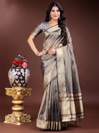 Shree Shyam Fashion Grey Organza Woven Zari Work Traditional Tassel Saree | Grocsy