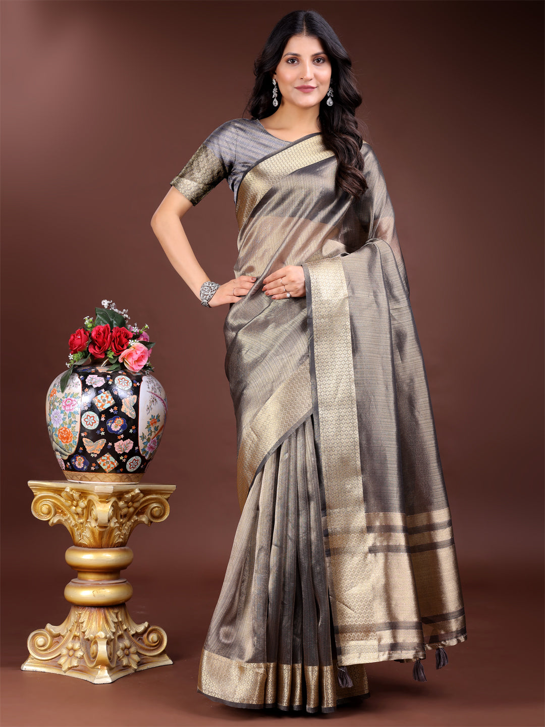 Shree Shyam Fashion Grey Organza Woven Zari Work Traditional Tassel Saree | Grocsy
