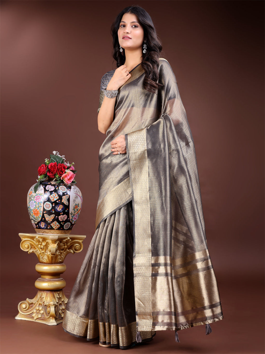 Shree Shyam Fashion Grey Organza Woven Zari Work Traditional Tassel Saree | Grocsy