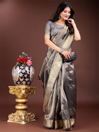 Shree Shyam Fashion Grey Organza Woven Zari Work Traditional Tassel Saree | Grocsy