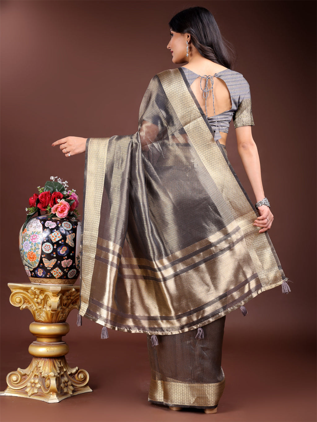 Shree Shyam Fashion Grey Organza Woven Zari Work Traditional Tassel Saree | Grocsy