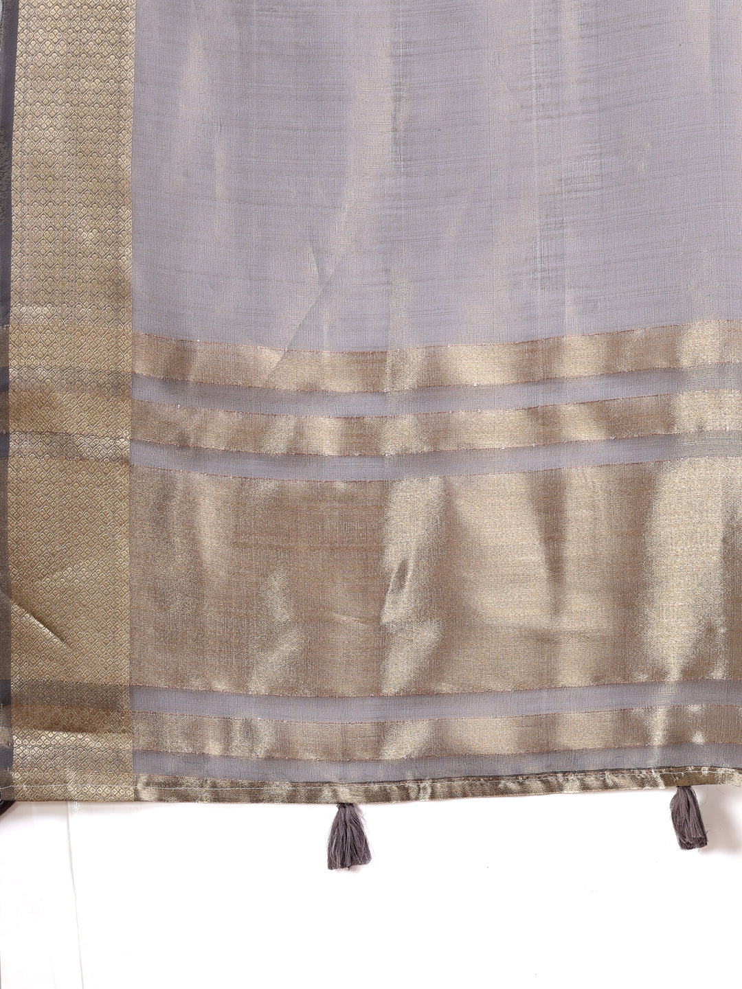 Shree Shyam Fashion Grey Organza Woven Zari Work Traditional Tassel Saree | Grocsy