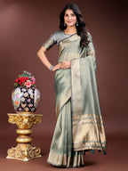 Shree Shyam Fashion Sea Green Organza Woven Zari Work Traditional Tassel Saree | Grocsy