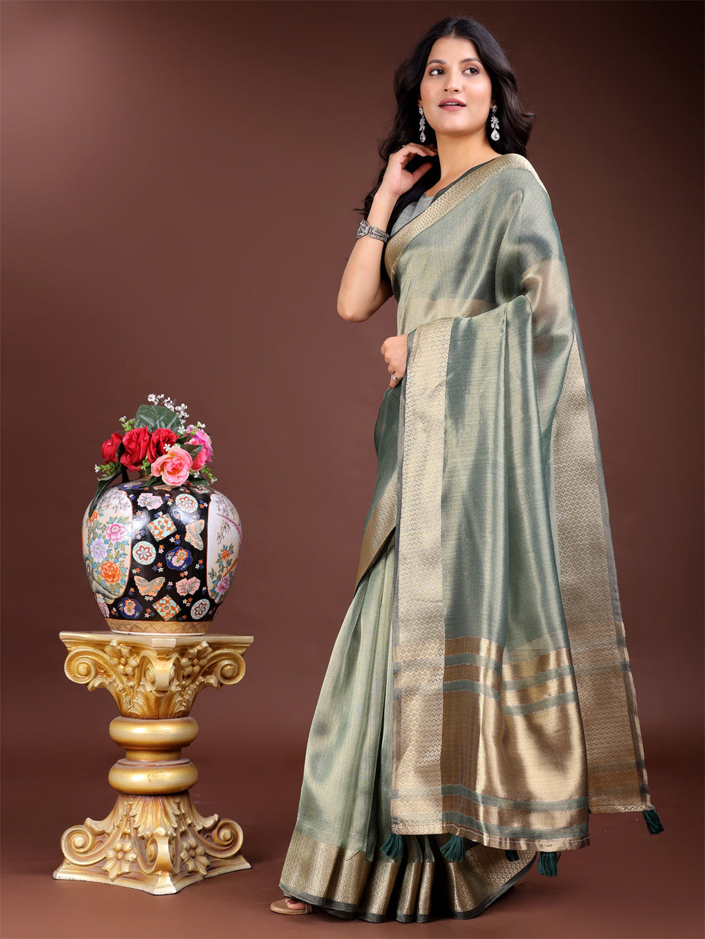 Shree Shyam Fashion Sea Green Organza Woven Zari Work Traditional Tassel Saree | Grocsy