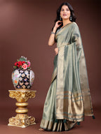 Shree Shyam Fashion Sea Green Organza Woven Zari Work Traditional Tassel Saree | Grocsy