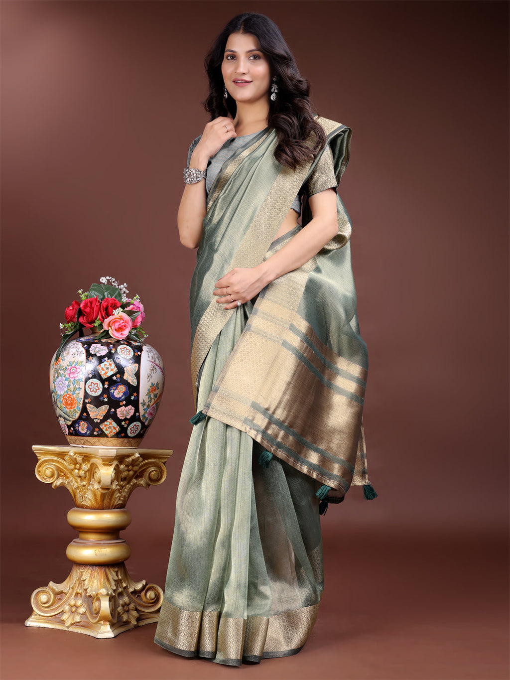Shree Shyam Fashion Sea Green Organza Woven Zari Work Traditional Tassel Saree | Grocsy