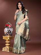 Shree Shyam Fashion Sea Green Organza Woven Zari Work Traditional Tassel Saree | Grocsy