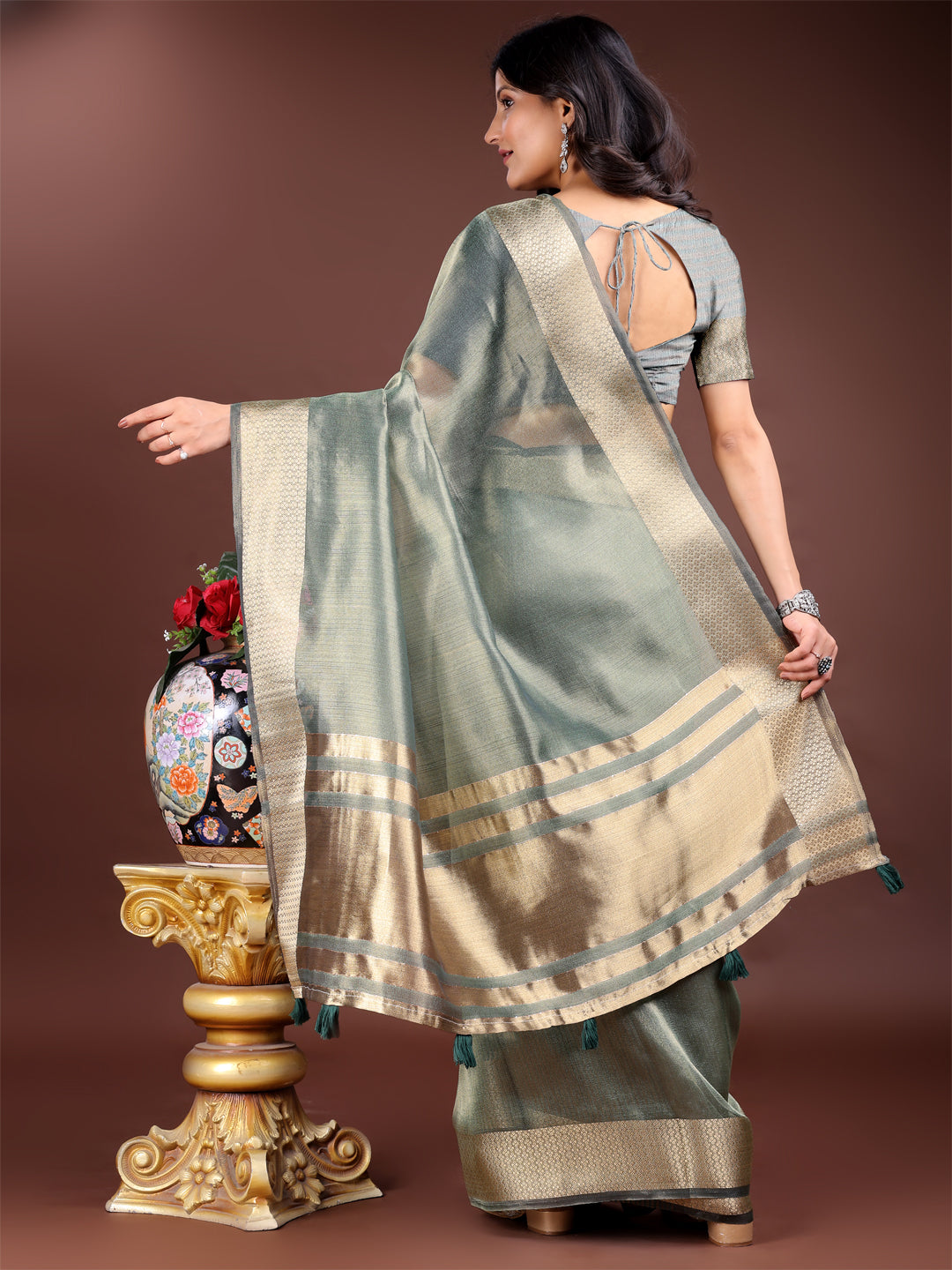 Shree Shyam Fashion Sea Green Organza Woven Zari Work Traditional Tassel Saree | Grocsy