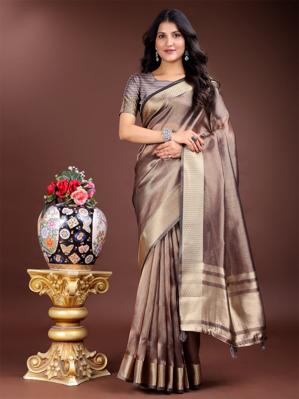 Shree Shyam Fashion Brown Organza Woven Zari Work Traditional Tassel Saree | Grocsy