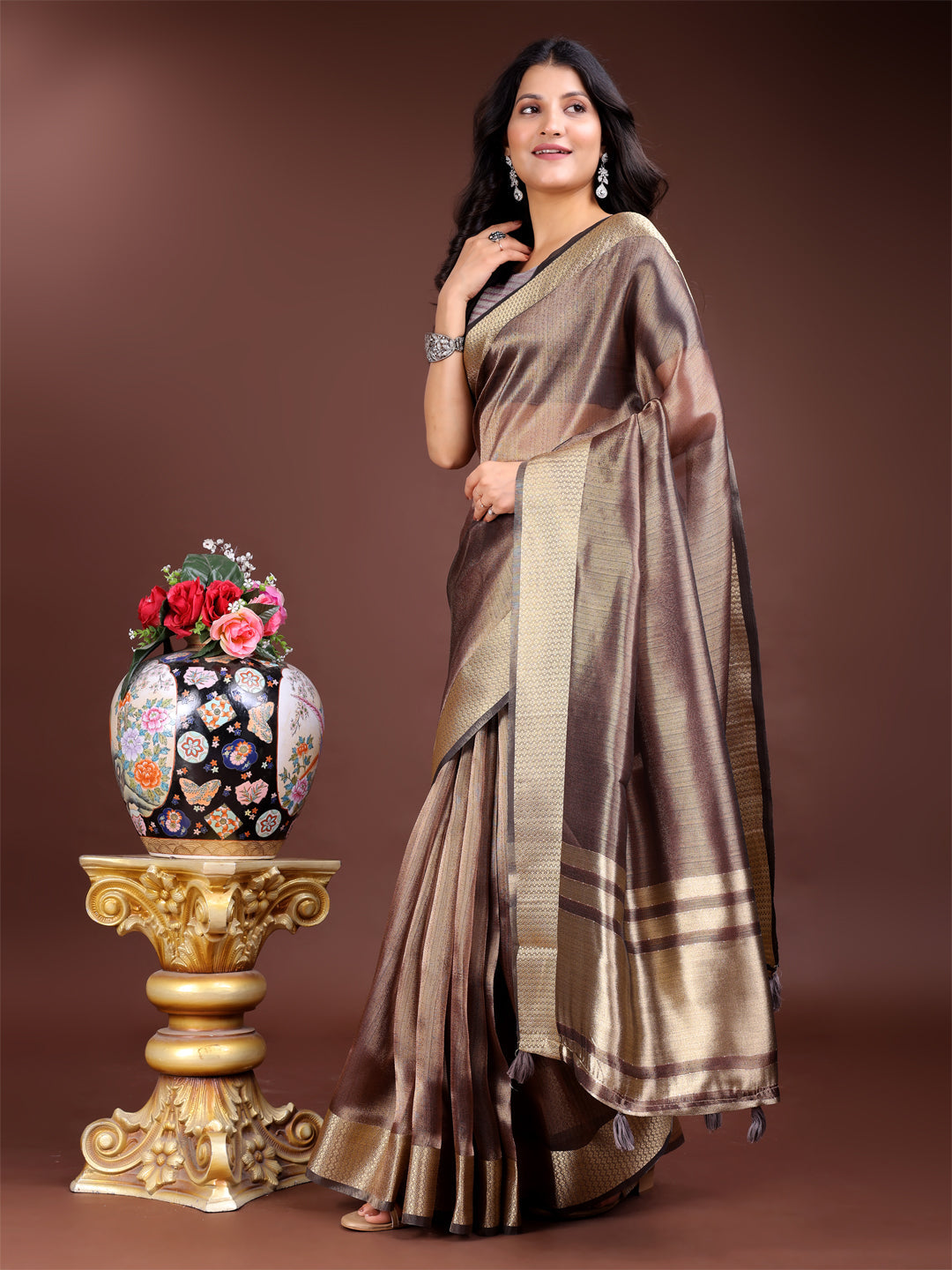 Shree Shyam Fashion Brown Organza Woven Zari Work Traditional Tassel Saree | Grocsy