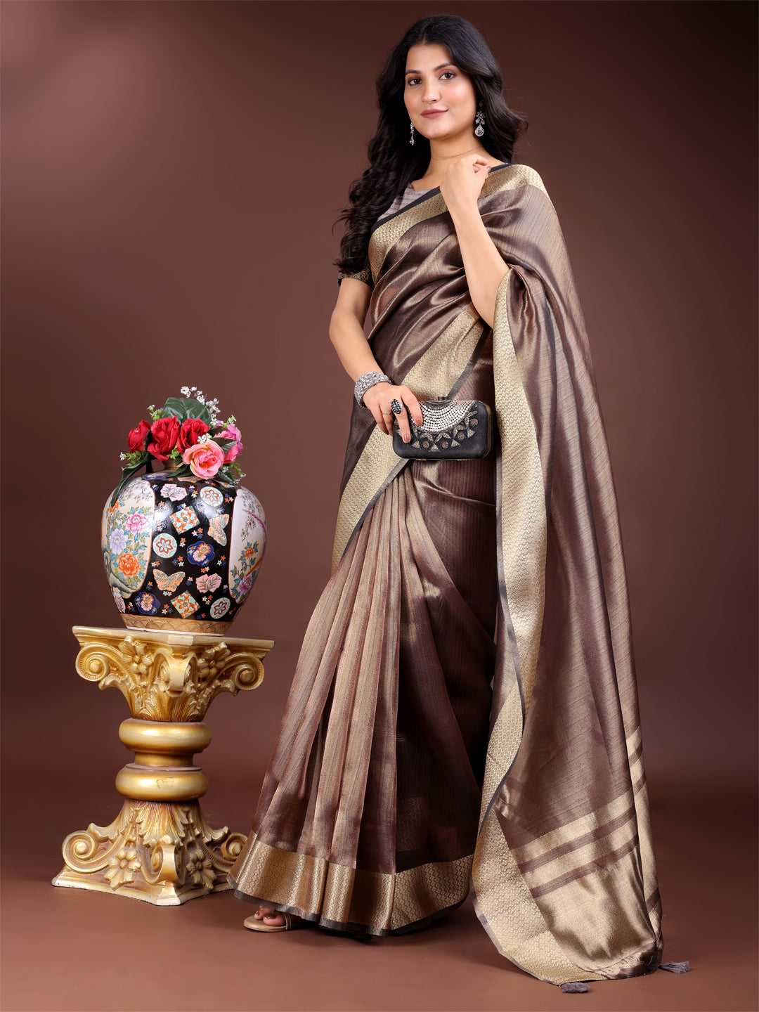 Shree Shyam Fashion Brown Organza Woven Zari Work Traditional Tassel Saree | Grocsy