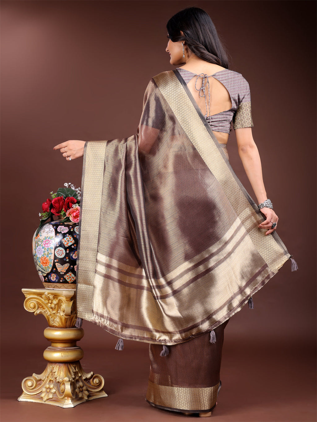 Shree Shyam Fashion Brown Organza Woven Zari Work Traditional Tassel Saree | Grocsy