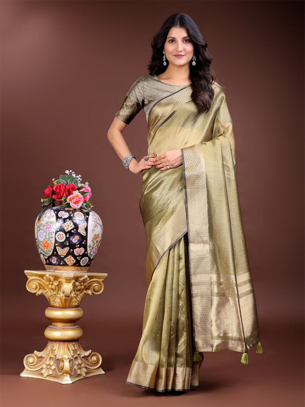 Shree Shyam Fashion Mehndi Green Organza Woven Zari Work Traditional Tassel Saree | Grocsy