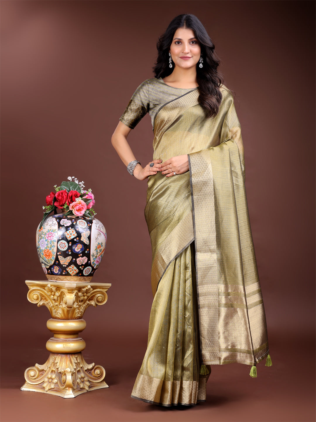 Shree Shyam Fashion Mehndi Green Organza Woven Zari Work Traditional Tassel Saree | Grocsy