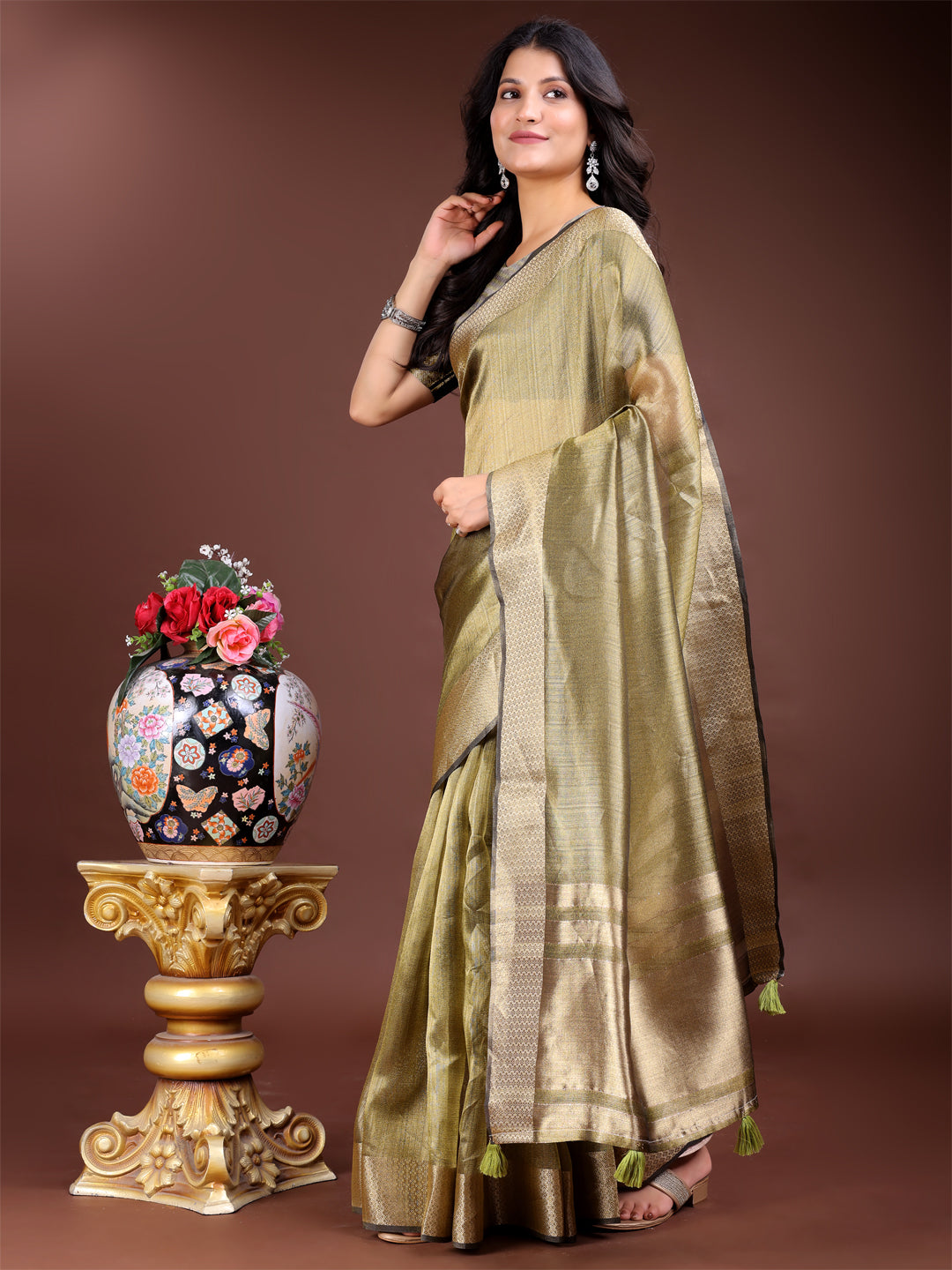 Shree Shyam Fashion Mehndi Green Organza Woven Zari Work Traditional Tassel Saree | Grocsy