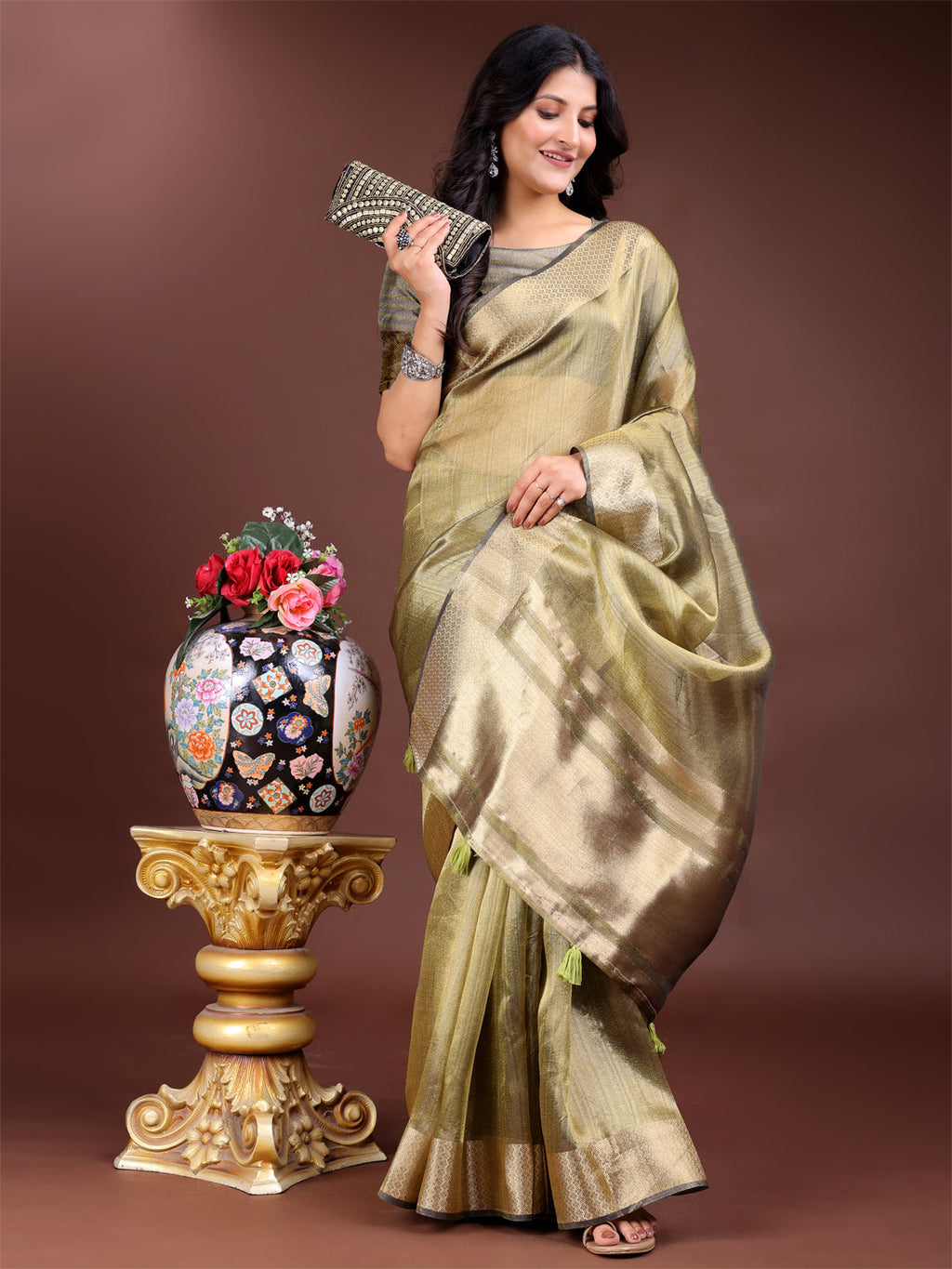 Shree Shyam Fashion Mehndi Green Organza Woven Zari Work Traditional Tassel Saree | Grocsy
