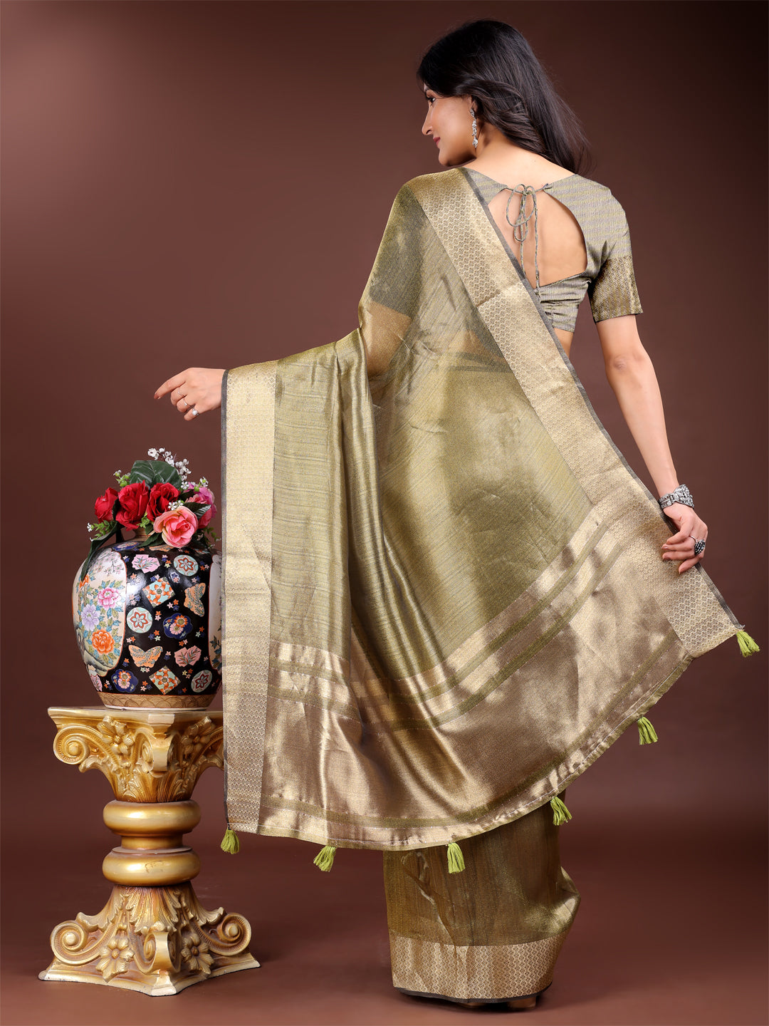 Shree Shyam Fashion Mehndi Green Organza Woven Zari Work Traditional Tassel Saree | Grocsy