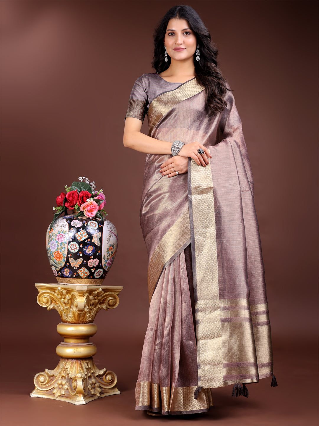 Shree Shyam Fashion Purple Organza Woven Zari Work Traditional Tassel Saree | Grocsy