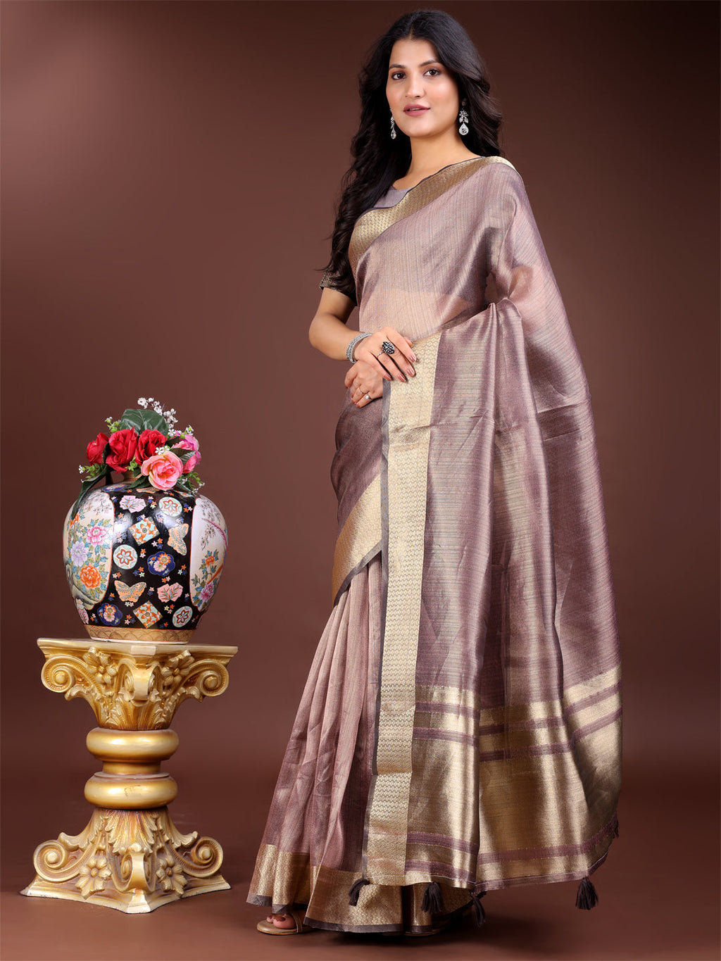 Shree Shyam Fashion Purple Organza Woven Zari Work Traditional Tassel Saree | Grocsy