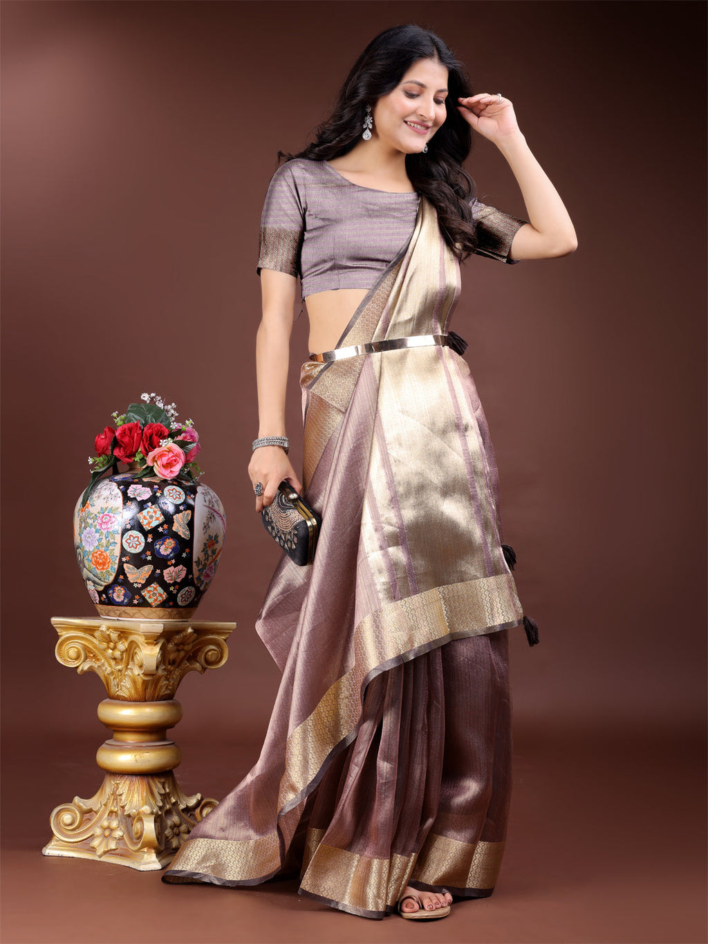Shree Shyam Fashion Purple Organza Woven Zari Work Traditional Tassel Saree | Grocsy