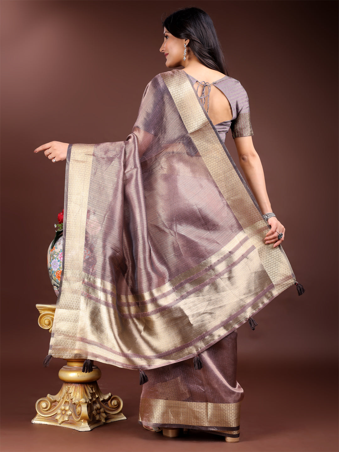 Shree Shyam Fashion Purple Organza Woven Zari Work Traditional Tassel Saree | Grocsy
