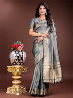 Shree Shyam Fashion Silver Organza Woven Zari Work Traditional Tassel Saree | Grocsy