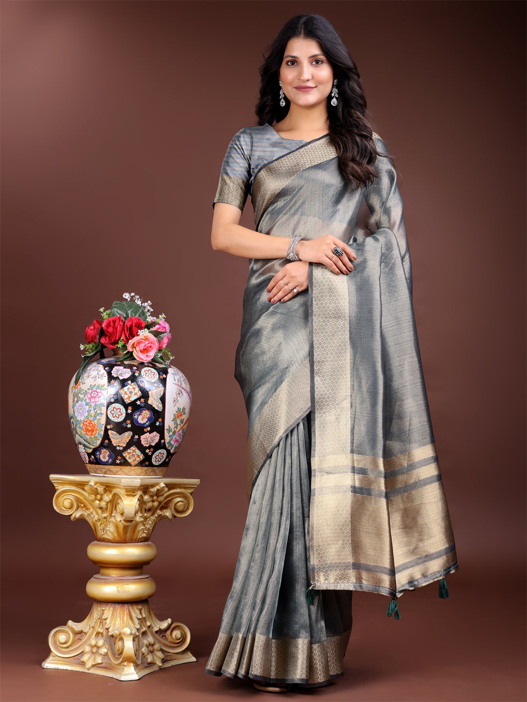 Shree Shyam Fashion Silver Organza Woven Zari Work Traditional Tassel Saree | Grocsy
