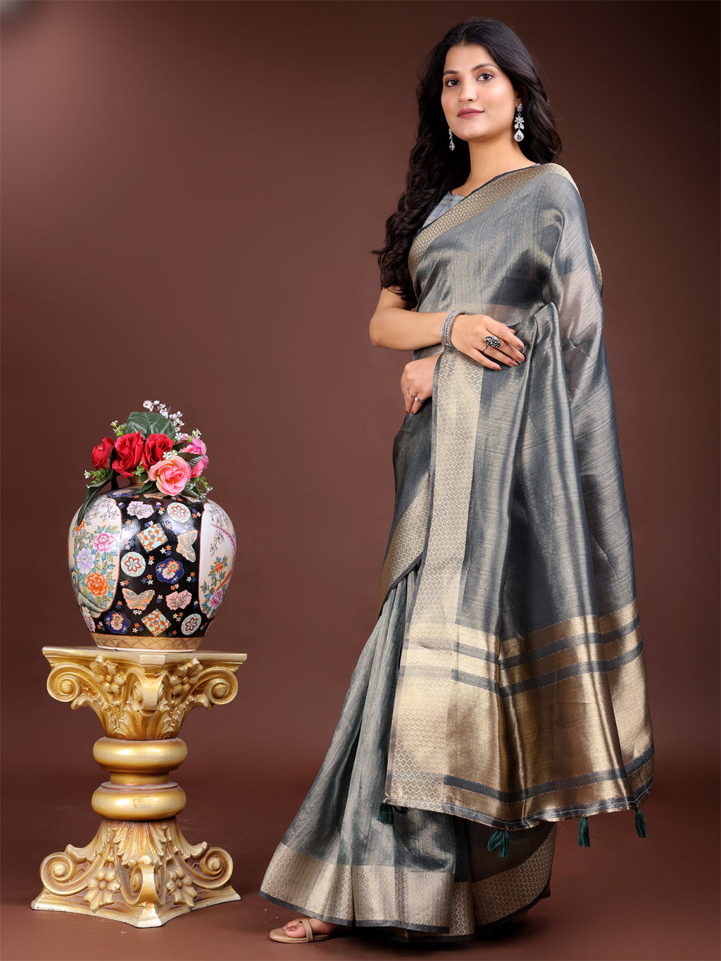 Shree Shyam Fashion Silver Organza Woven Zari Work Traditional Tassel Saree | Grocsy