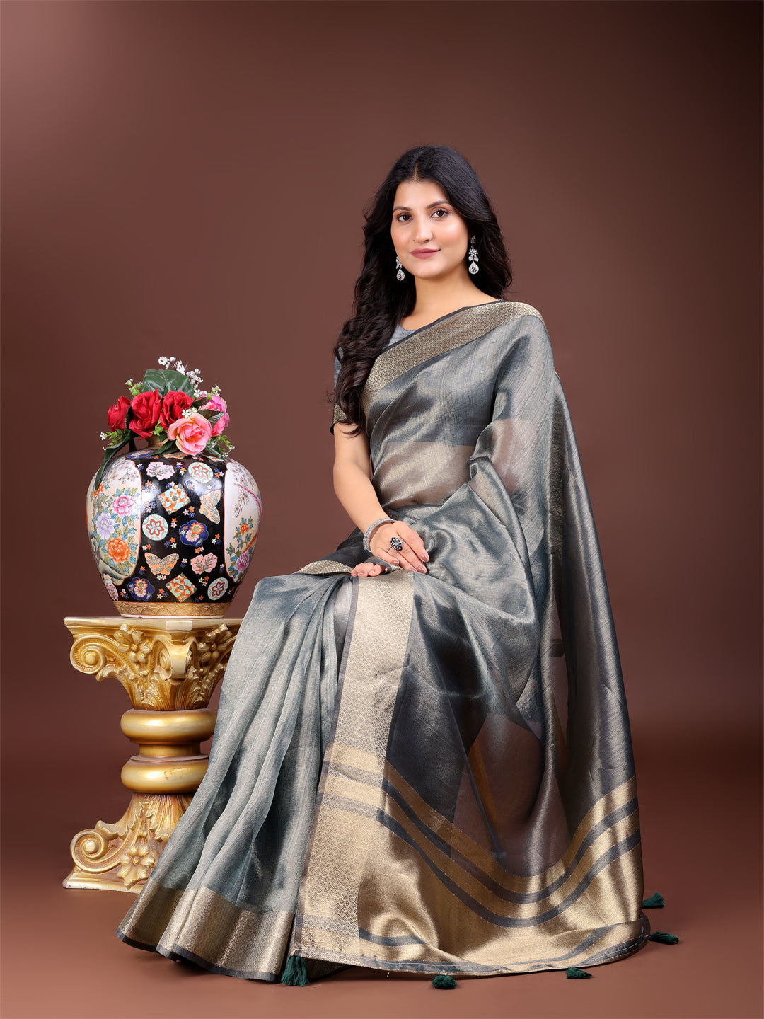 Shree Shyam Fashion Silver Organza Woven Zari Work Traditional Tassel Saree | Grocsy