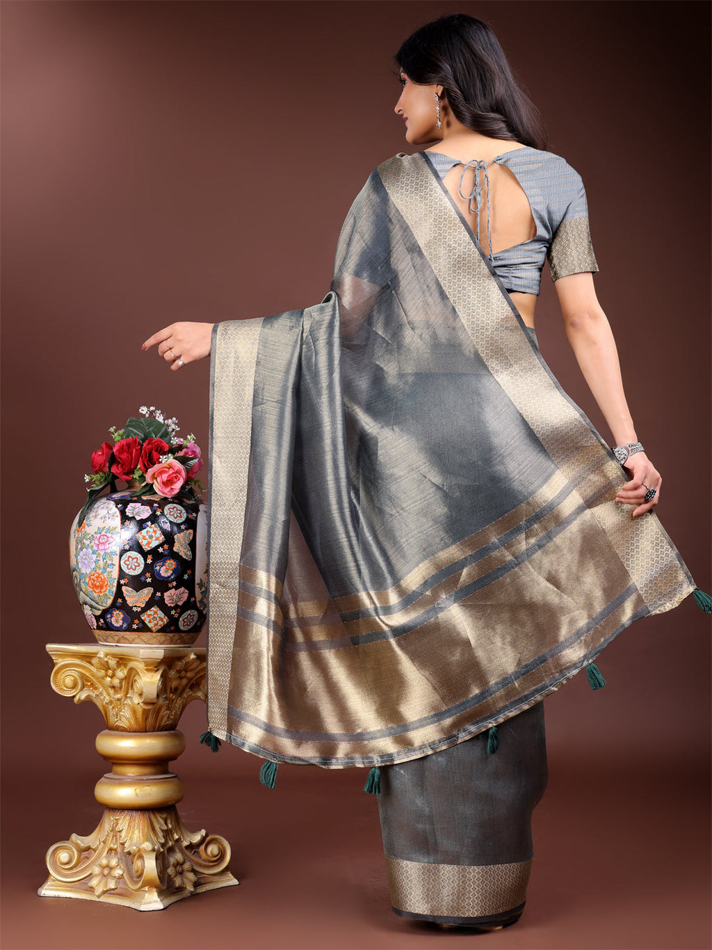 Shree Shyam Fashion Silver Organza Woven Zari Work Traditional Tassel Saree | Grocsy