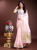 Shree Shyam Fashion Elegant Light Pink Woven Linen Saree with Contrast Zari Border & Tassels - Soft & Breathable Party Wear | Grocsy