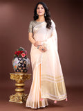 Shree Shyam Fashion Elegant Peach Woven Linen Saree with Contrast Zari Border & Tassels - Soft & Breathable Party Wear | Grocsy
