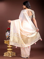 Shree Shyam Fashion Elegant Peach Woven Linen Saree with Contrast Zari Border & Tassels - Soft & Breathable Party Wear | Grocsy