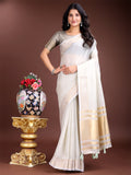 Shree Shyam Fashion Elegant Grey Woven Linen Saree with Contrast Zari Border & Tassels - Soft & Breathable Party Wear | Grocsy