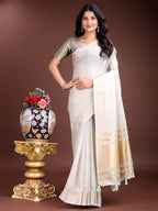 Shree Shyam Fashion Elegant Grey Woven Linen Saree with Contrast Zari Border & Tassels - Soft & Breathable Party Wear | Grocsy