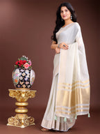 Shree Shyam Fashion Elegant Grey Woven Linen Saree with Contrast Zari Border & Tassels - Soft & Breathable Party Wear | Grocsy