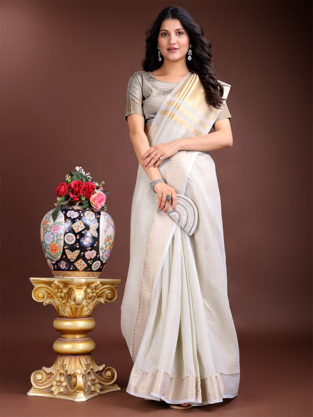 Shree Shyam Fashion Elegant Grey Woven Linen Saree with Contrast Zari Border & Tassels - Soft & Breathable Party Wear | Grocsy