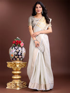 Shree Shyam Fashion Elegant Grey Woven Linen Saree with Contrast Zari Border & Tassels - Soft & Breathable Party Wear | Grocsy