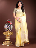 Shree Shyam Fashion Elegant Yellow Woven Linen Saree with Contrast Zari Border & Tassels - Soft & Breathable Party Wear | Grocsy