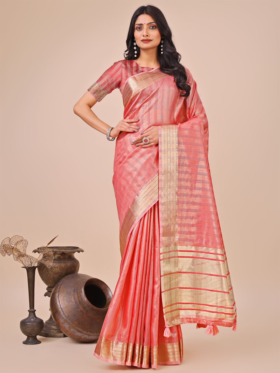 Shree Shyam Fashion Orange Organza Woven Zari Work Traditional Tassel Saree | Grocsy