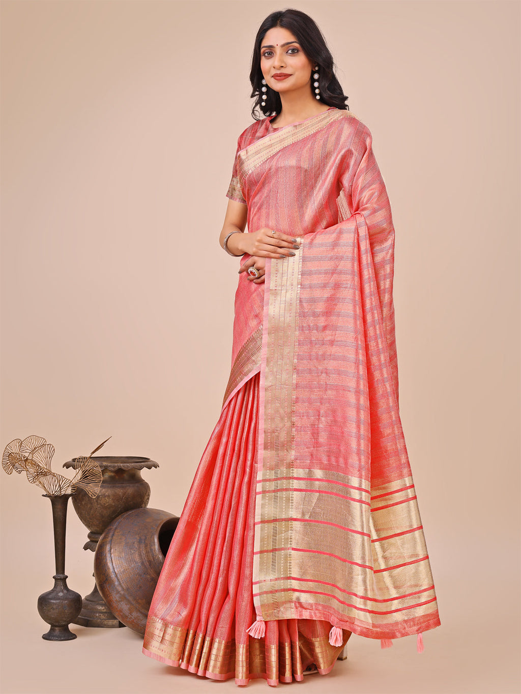 Shree Shyam Fashion Orange Organza Woven Zari Work Traditional Tassel Saree | Grocsy