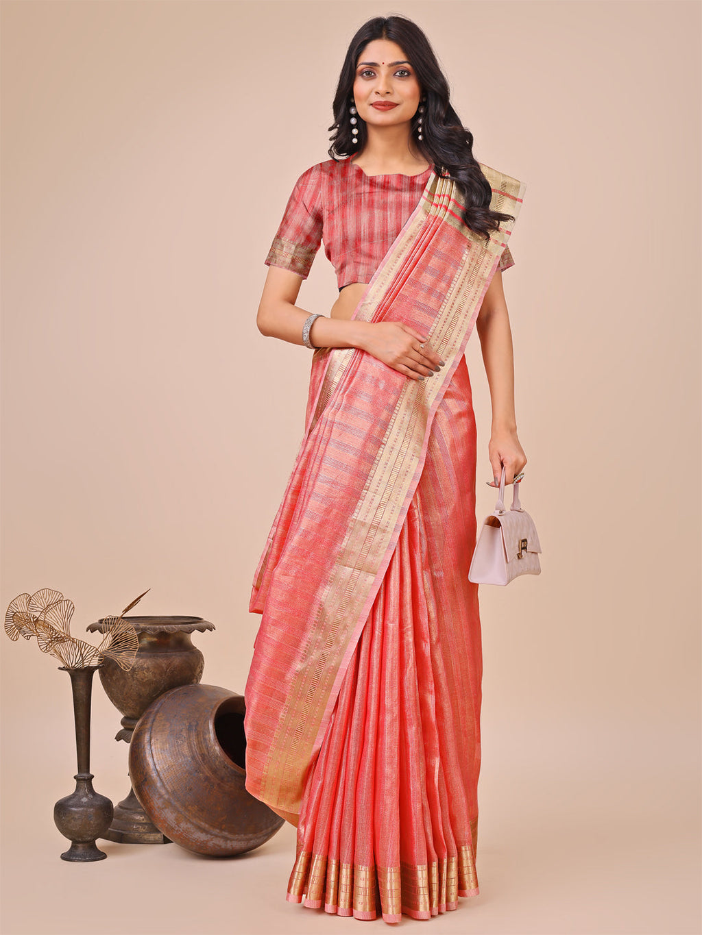 Shree Shyam Fashion Orange Organza Woven Zari Work Traditional Tassel Saree | Grocsy