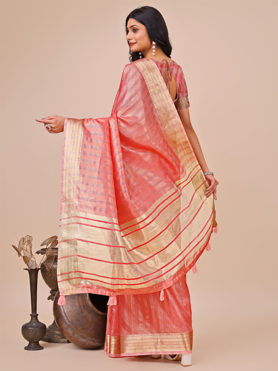 Shree Shyam Fashion Orange Organza Woven Zari Work Traditional Tassel Saree | Grocsy