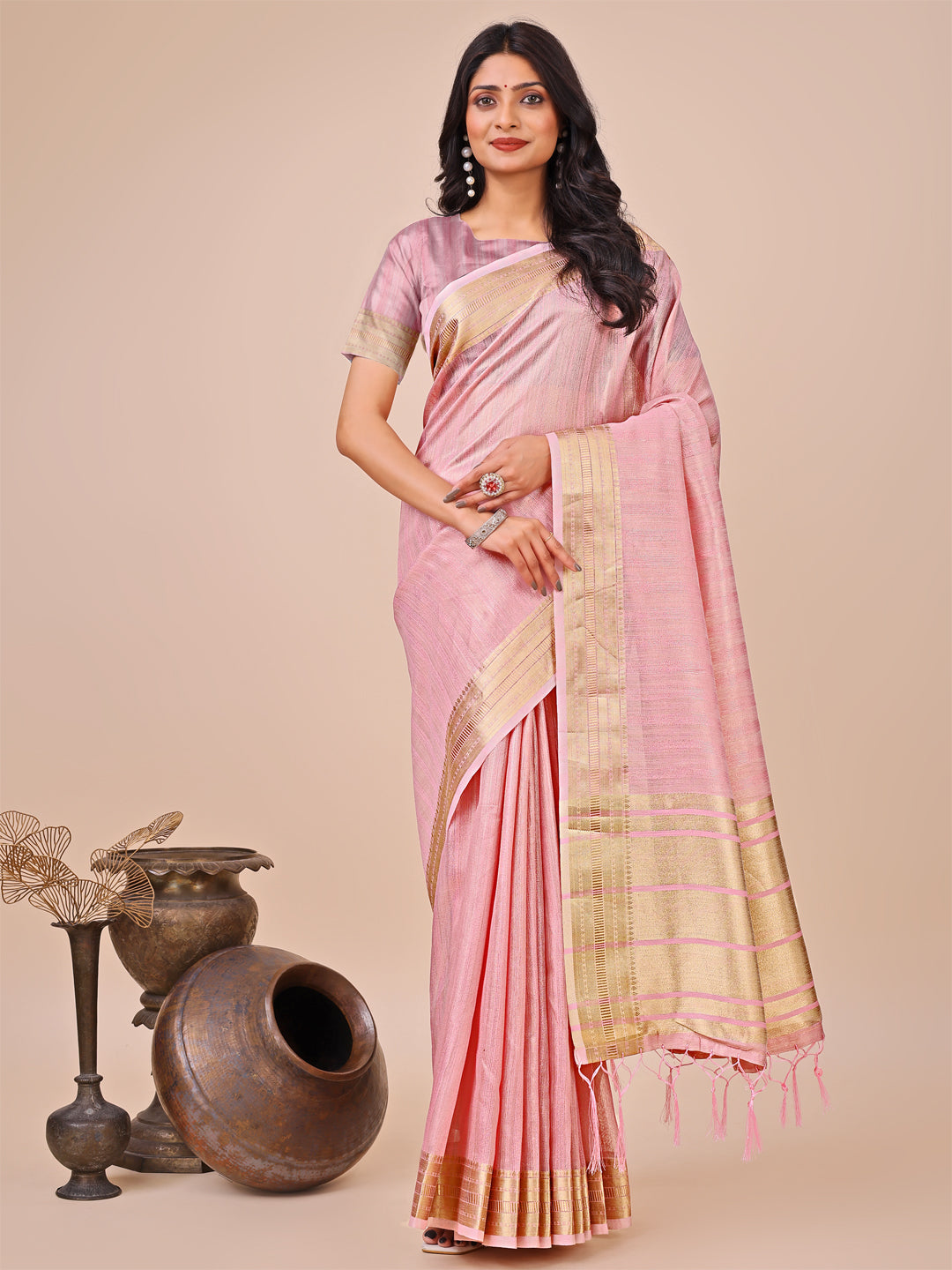 Shree Shyam Fashion Peach Organza Woven Zari Work Traditional Tassel Saree | Grocsy