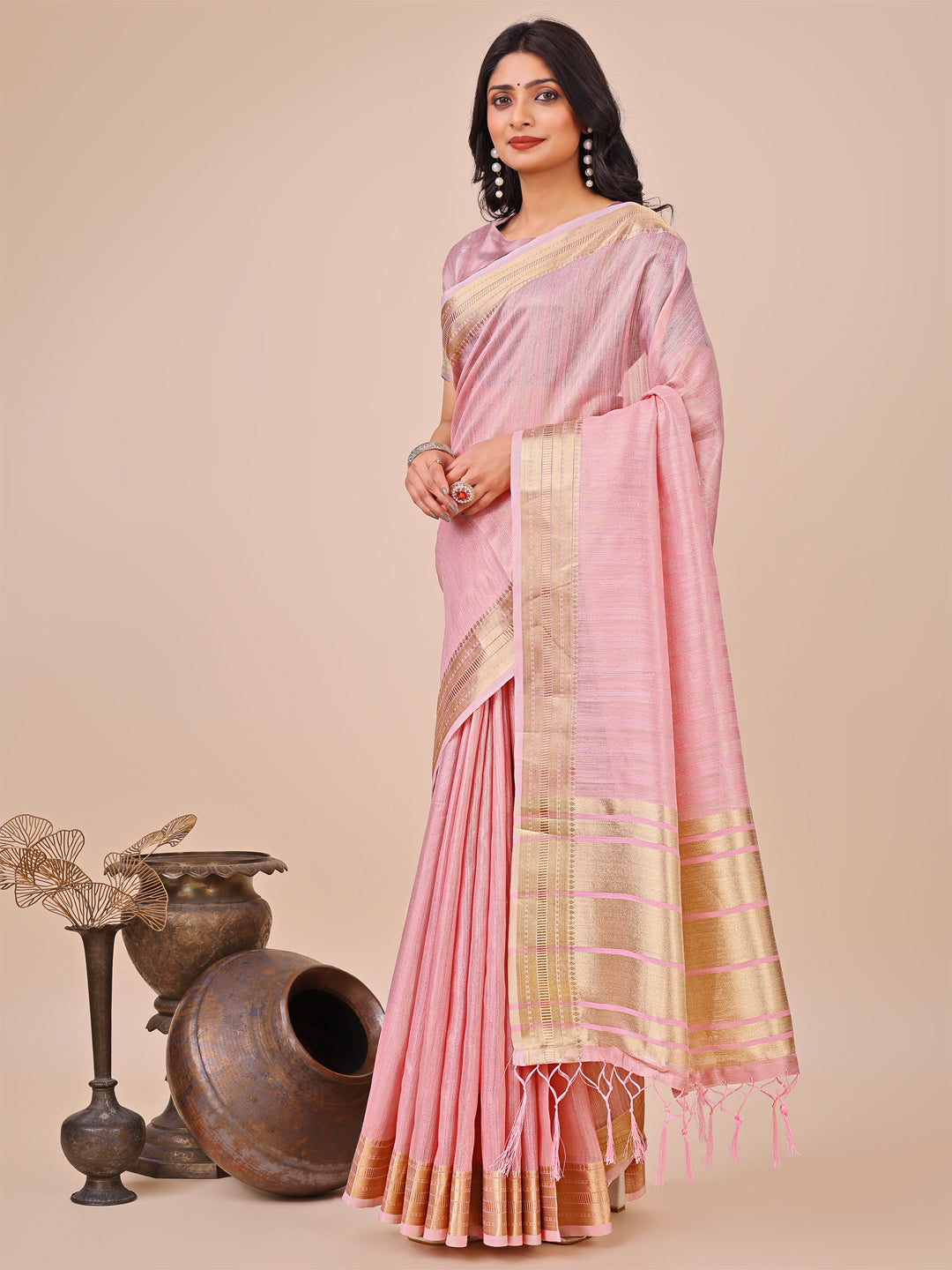 Shree Shyam Fashion Peach Organza Woven Zari Work Traditional Tassel Saree | Grocsy