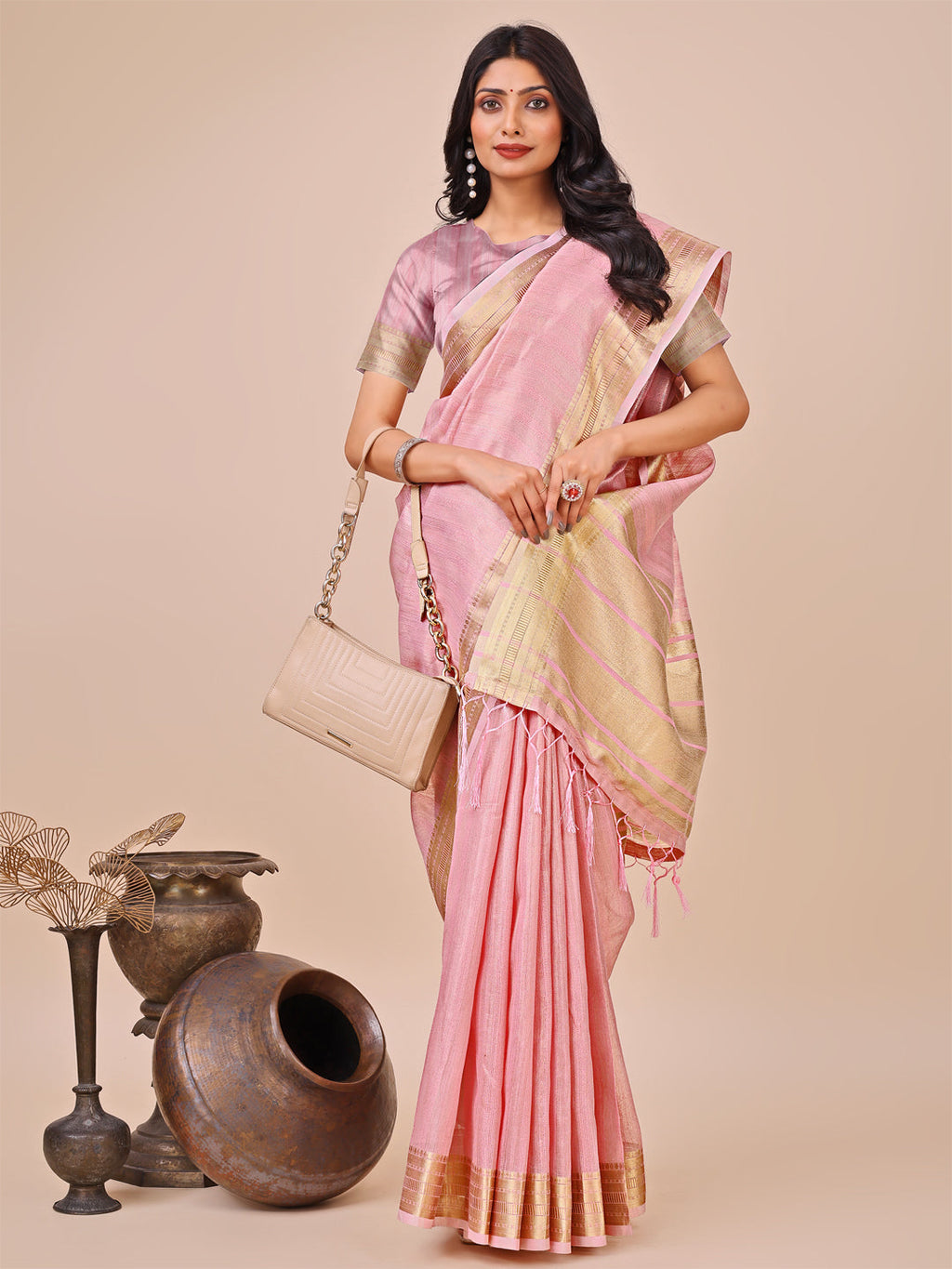 Shree Shyam Fashion Peach Organza Woven Zari Work Traditional Tassel Saree | Grocsy