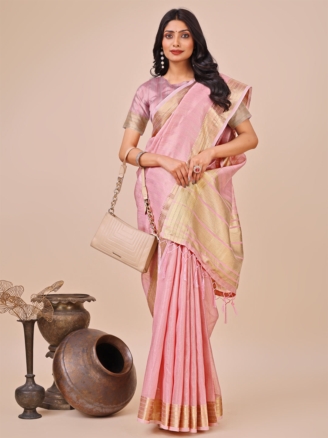Shree Shyam Fashion Peach Organza Woven Zari Work Traditional Tassel Saree | Grocsy