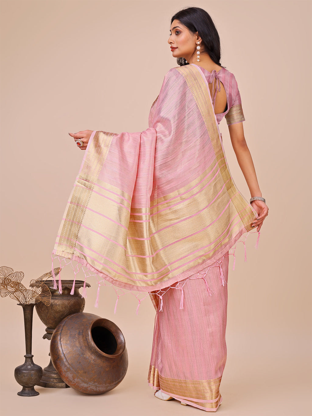 Shree Shyam Fashion Peach Organza Woven Zari Work Traditional Tassel Saree | Grocsy