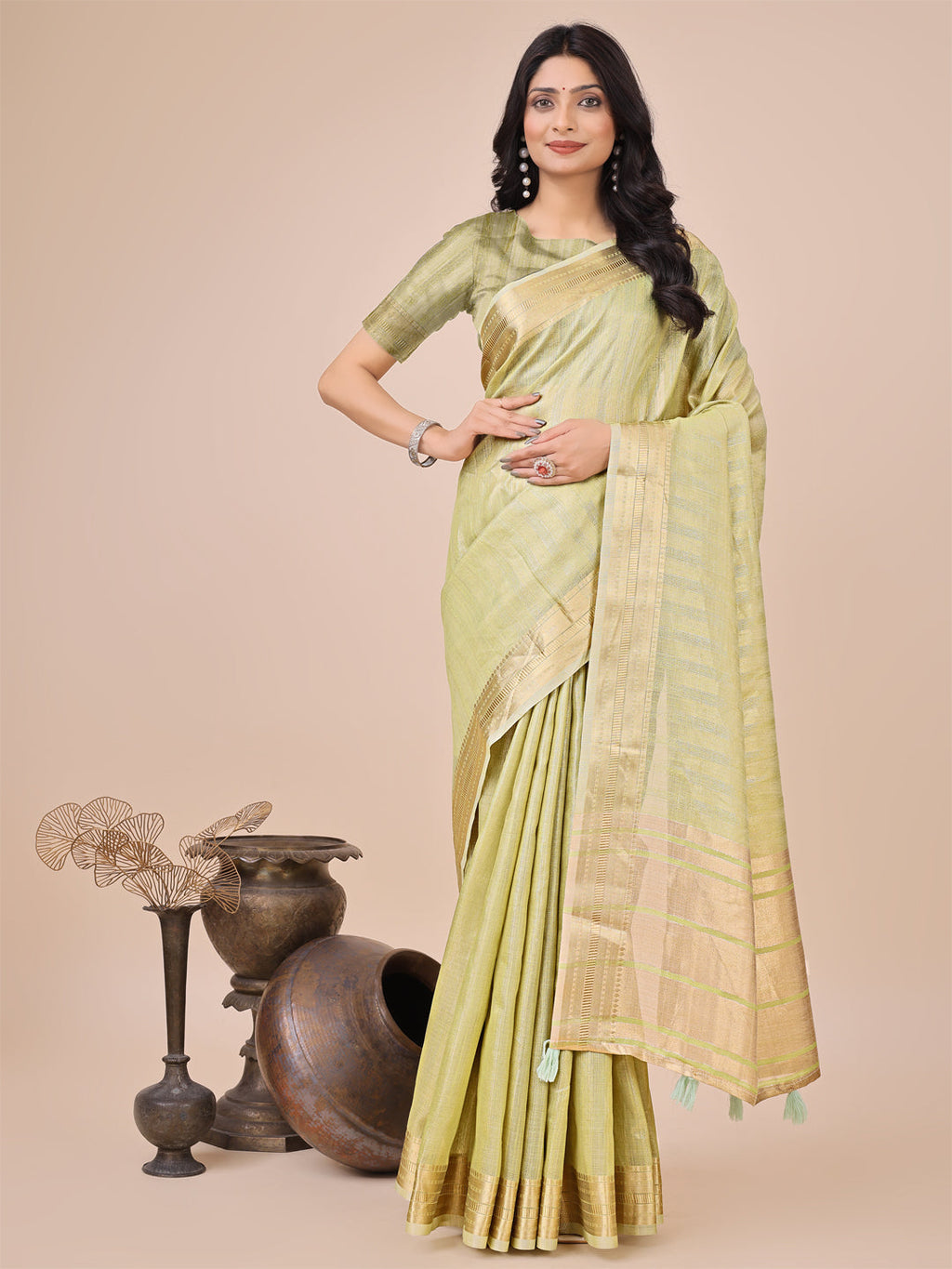 Shree Shyam Fashion Light Green Organza Woven Zari Work Traditional Tassel Saree | Grocsy