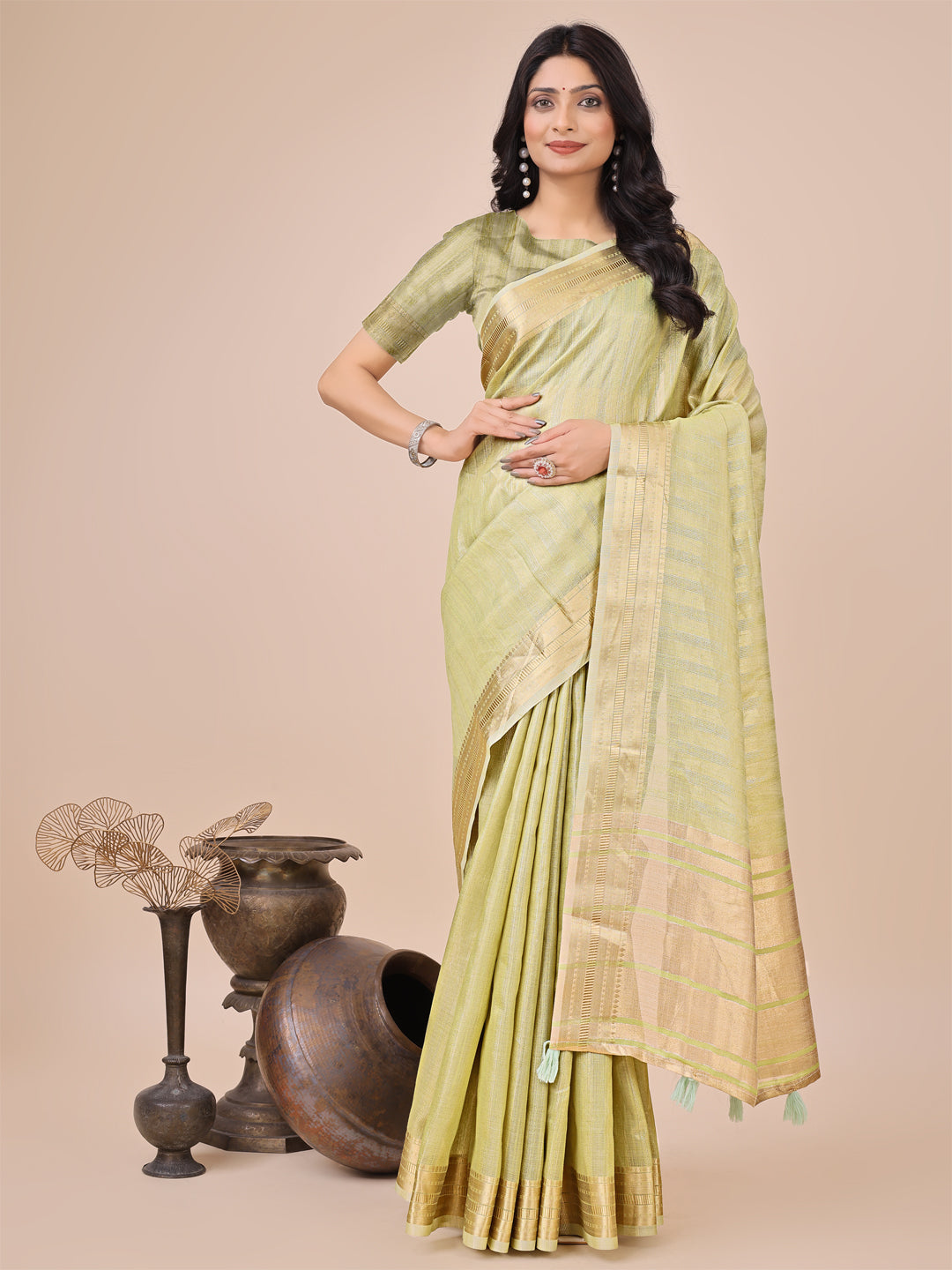 Shree Shyam Fashion Light Green Organza Woven Zari Work Traditional Tassel Saree | Grocsy